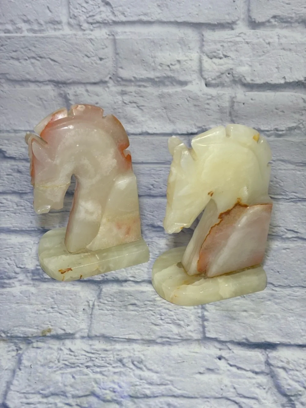 Vintage Hand-Carved Onyx Stone Trojan Horse Head Bookends MCM Art Deco